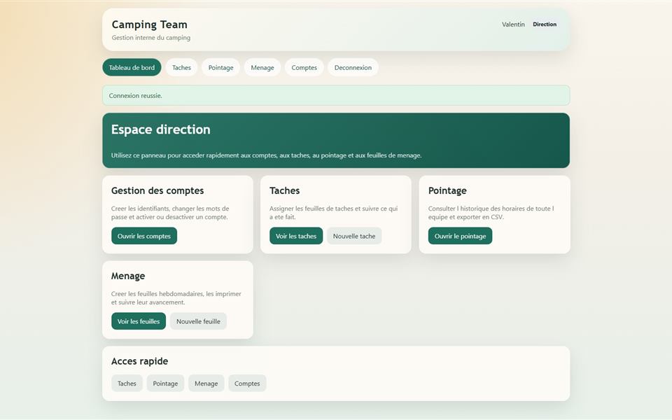 Application web interne Camping Team - concept Webia